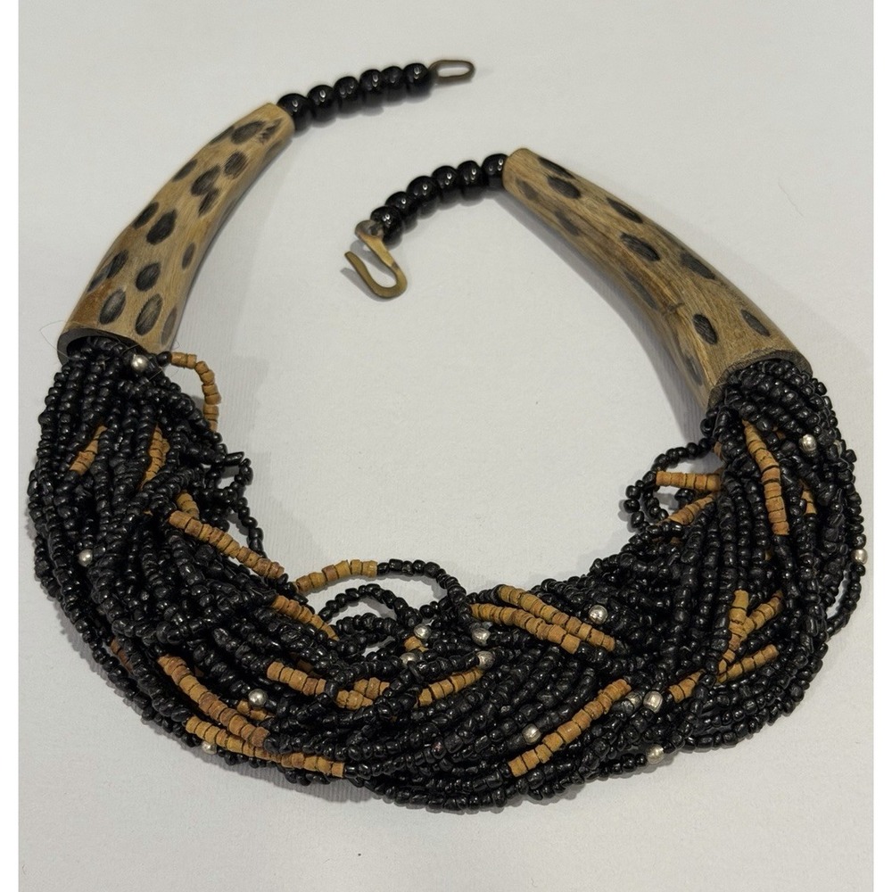 Vintage African Trade Bead Necklace Wood Leopard Print Multi Strand Tribal 18